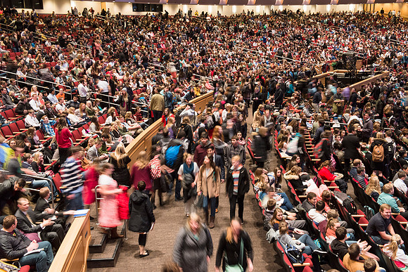 Students gather to listen President and Sister Clark speak at the first devotional of Winter Semester