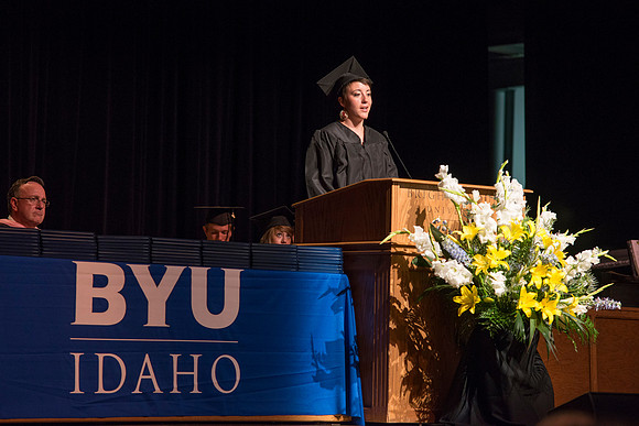 Bethany Blaine, a graduate in University Studies speaks at the Convocation for the college of Interdisciplinary Studies. BYU-Idaho photos by Michael Lewis