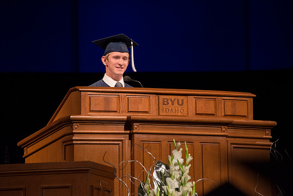 Tanner Perks speaks at the College of Agriculture and Life Sciences convocation.