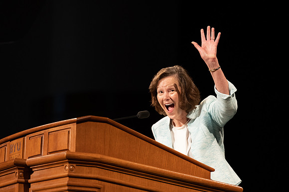 Susan Porter, the General Primary President, addresses BYU-Idaho Students during the weekly Tuesday devotional.