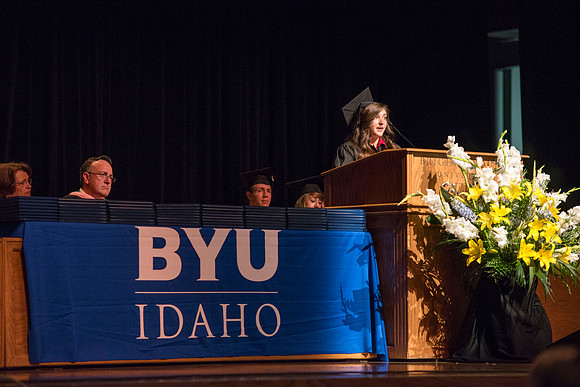 Lindsey South a graduate in University Studies speaks at the Convocation for the college of Interdisciplinary Studies. BYU-Idaho photos by Michael Lewis