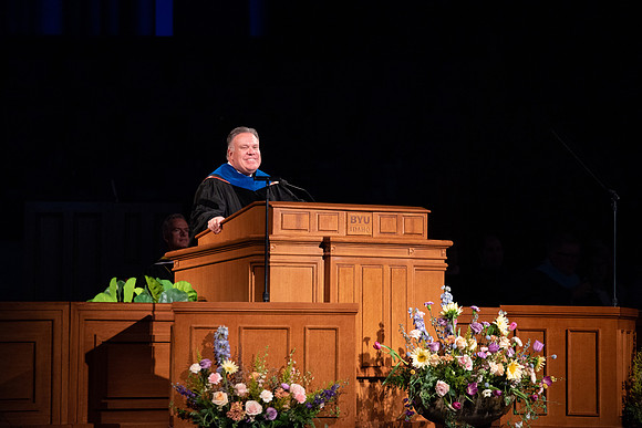 Student Graduates and Faculty meet in the I-Center for Commencement.