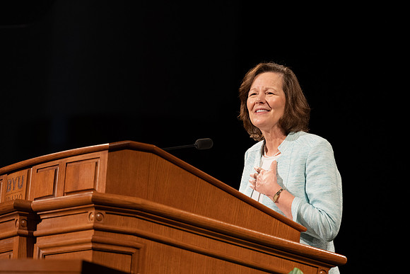 Susan Porter, the General Primary President, addresses BYU-Idaho Students during the weekly Tuesday devotional.