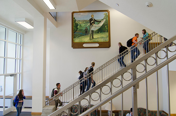 Students in the Gordon B. Hinckley Building stairs