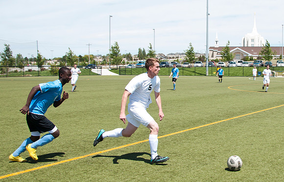 Competitive Men's Soccer being played at the 4-Plex playing fields west of the Rexburg Idaho Temple.