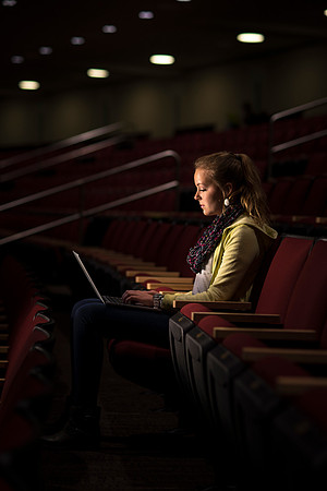 Amanda Crawley studies in the I-Center on a snowy afternoon.