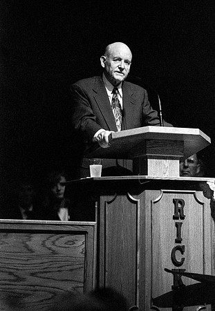 President Howard W. Hunter speaks to students at Ricks College during devotional