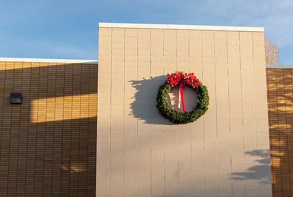 A wreath hung up outside the Rigby Building.