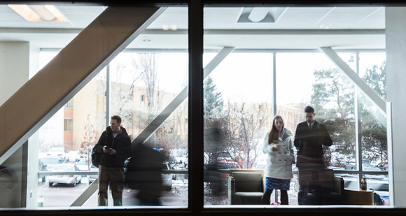 Student traffic as they go to the first devotional of Winter Semester.