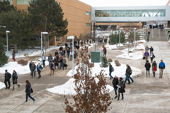 Student traffic as they go to the first devotional of Winter Semester.