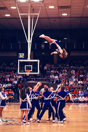 The team launches a member into the air