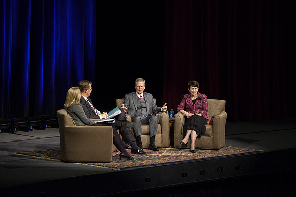 President and Sister Gilbert ask Elder and Sister Bednar questions during Date Night with married students at BYU-Idaho.