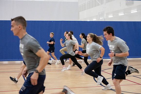 BYU-Idaho students attend a hands-on sprinting workshop in the I-center.