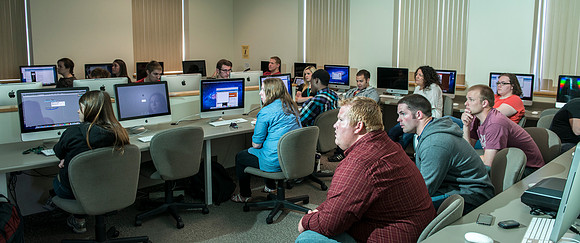 Students learn in Visual Media, a class in the Jacob Spori Building