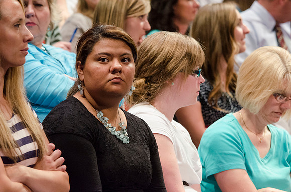 Audience members listening to Pres. Clark share information about new BYU-Idaho students and answers to questions