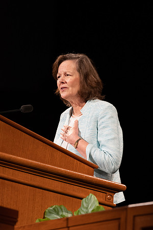 Susan Porter, the General Primary President, addresses BYU-Idaho Students during the weekly Tuesday devotional.