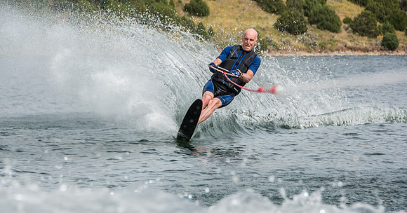 Waterskiing at Ririe Reservoir with BYU-Idaho's President Henry J Eyring. Video shoot for his Fall semester devotional promo video. - Aug 2019