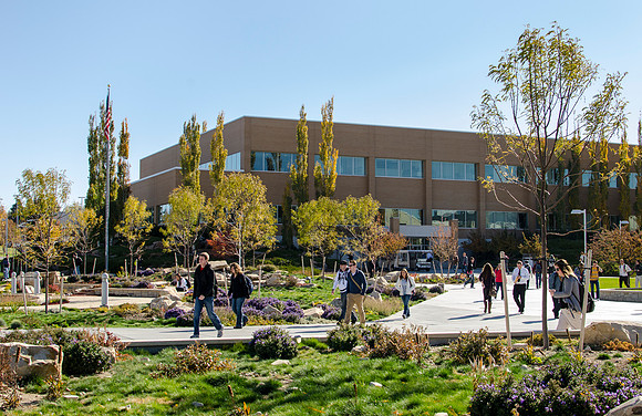 Spencer W. Kimball Building as viewed from the Manwaring Center plaza.