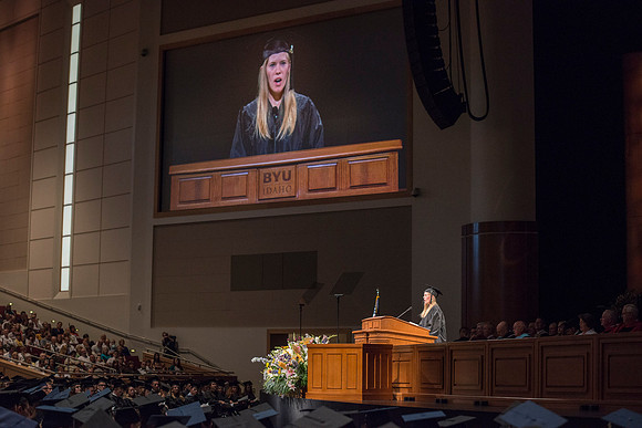 Commencement ceremony in the BYU-Idaho Center.  BYU-Idaho photos by Michael Lewis