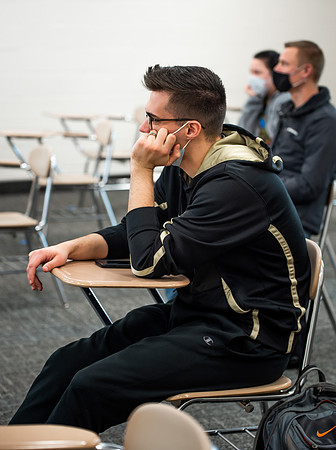 BYUI classes in the religion department meeting during Covid-19 with masks and social distanced seating.