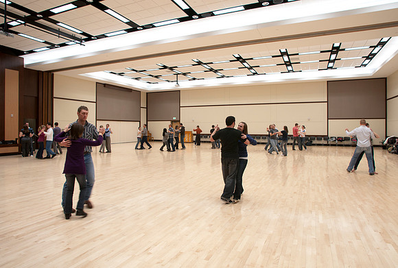 A Ballroom Dance class held in the Hyrum Manwaring Center Ballroom.