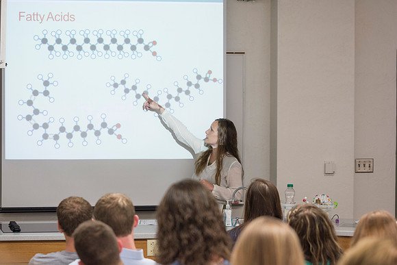Sister Amanda Christensen points out to her Essentials of Human Nutrition class what makes up a fatty acid, during the 2014 Spring Semester.
