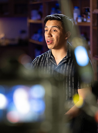 Chemistry student, Noah Aguilar, being interviewed for an Admissions video.