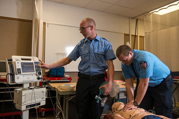 Cory Marriott and his peer pass off EMT requirements during lab held in the Clarke Building.