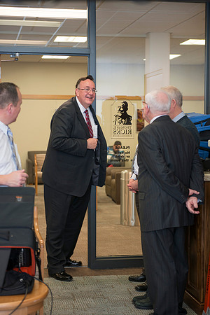 John Linford stops in to say "hello" before Presdient Clark G. Gilbert interviews retired english instructor, Scott Samuelson, to learn more about the "Spirit of Rick's"