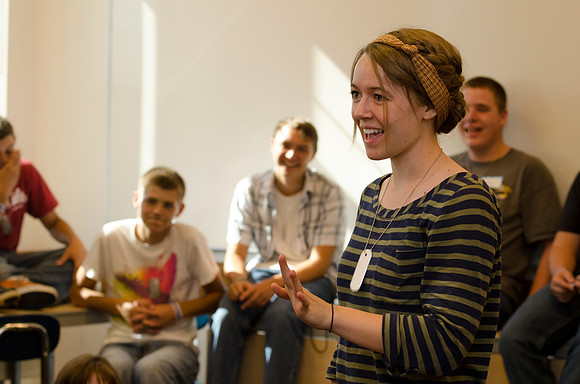 Participants in the Education Week 2013 Youth Program meet together in the Gordon B. Hinckley Building. Photo by Taylor Davenport