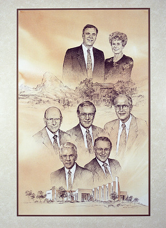Art work by Richard Bird of Pres Bennion with his Vice Presidents, Dean Sorenson, Mack Shirley, Brent Kinghorn, Jim Smyth and Don Bird.