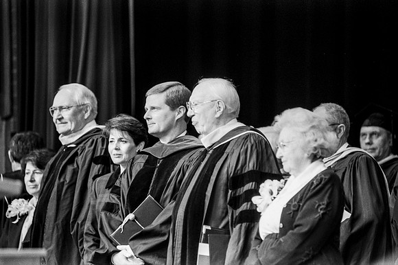 President David A, Bednar, President Gordon B. Hinckley and Elder L. Tom Perry on the stand for Inauguration