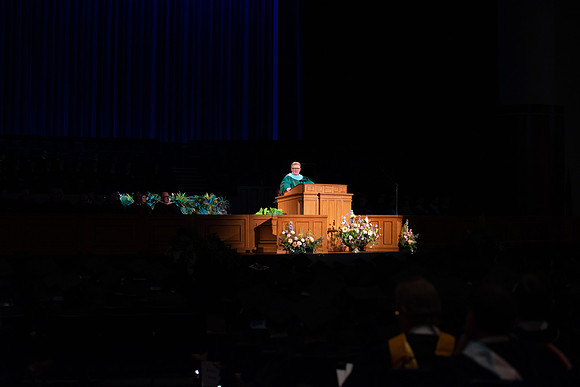 Student Graduates and Faculty meet in the I-Center for Commencement.
