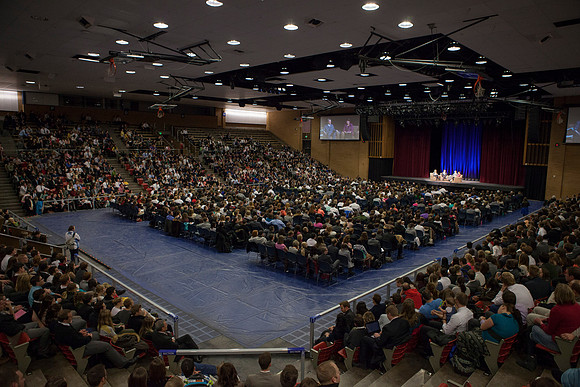President and Sister Gilbert ask Elder and Sister Bednar questions during Date Night with married students at BYU-Idaho.