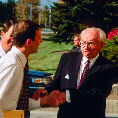 President Gordon B. Hinckley speaks with students after devotional at Ricks College