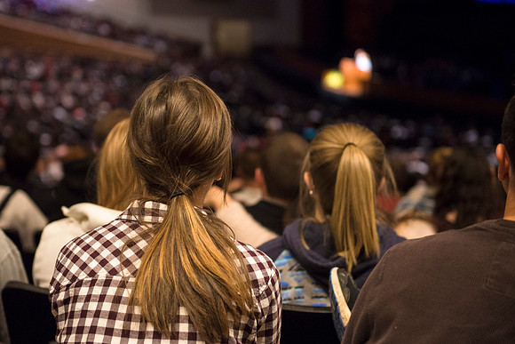 Students gather to listen President and Sister Clark speak at the first devotional of Winter Semester