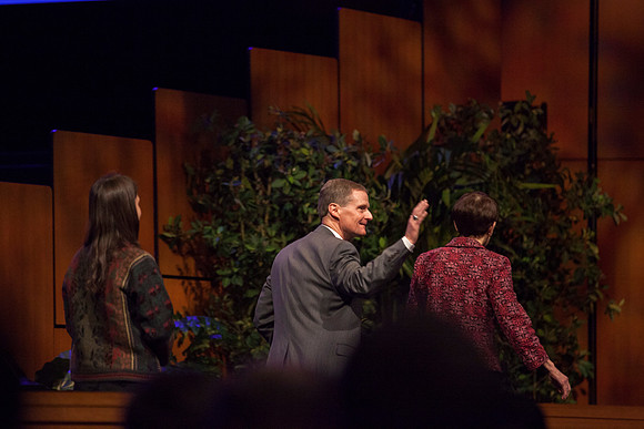 Elder Bednar says goodbye to those gathered at Devotional at the BYU-Idaho I-Center. Photo by Tyler Rickenbach