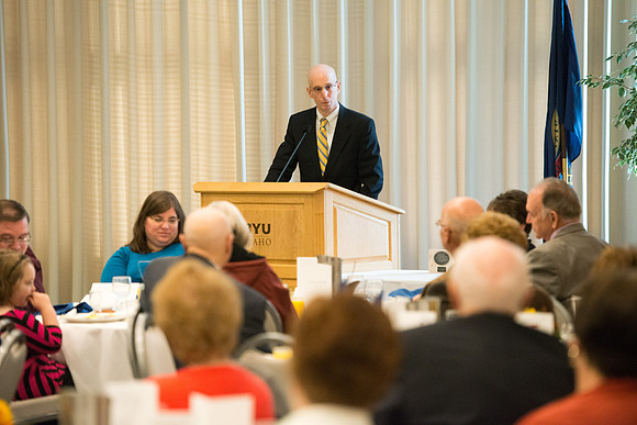 Ricks College Alumni gather to honor John and Trudy Bidwell at an Emeritus Breakfast.