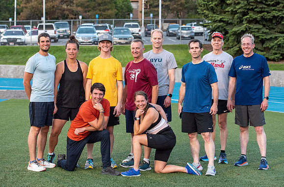 Faculty and community members of BYUI at Speed and Agility triathlete trannings at the stadium.