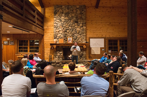 Retreat for teachers at the Sky Mountain Lodge in Victor, Idaho. Participants share a favorite book.
