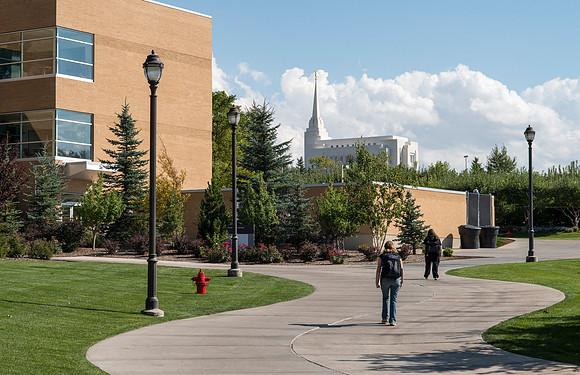 Pathway to the Ricks Building with a view of the Rexburg Temple.