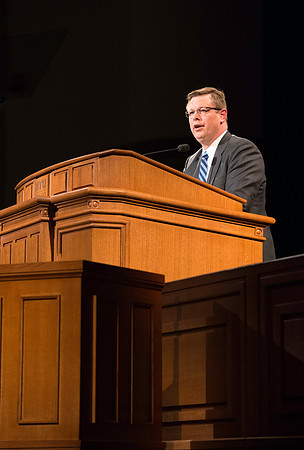 President Gilbert addresses the students the first devotional of the semester.