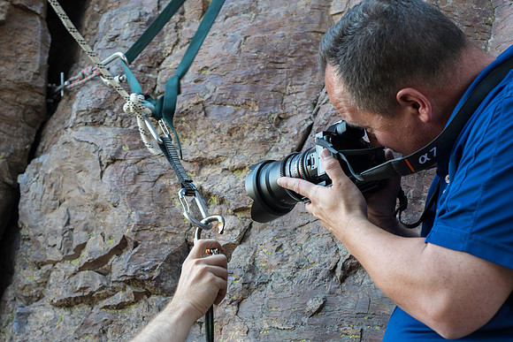 Detail shots of a carabiner. (Climbing wall up Kelly Canyon)