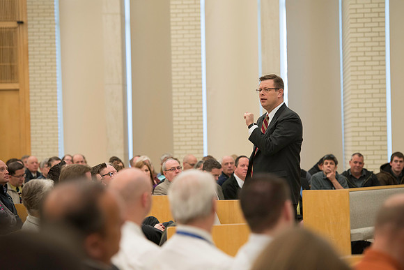 President Gilbert meets with employees in the Taylor Chapel.