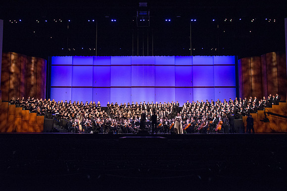 Brigham Young University-Idaho's Symphony Orchestra, Collegiate Singers, Concert Choir, Men's Choir, and Women's Choir rehearses in the I-Center for their "The Redeemer" performance.
