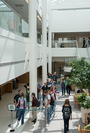 Students waiting in line for a Cashier in the Kimball Building on the First Day of School.