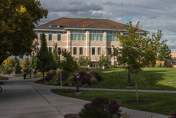 Changing seasons with coming of autumn at BYU-Idaho. Jacob Spori Building