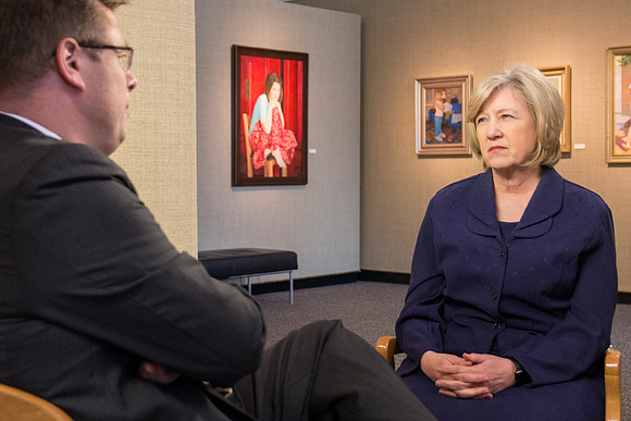 Robyn Bergstrom, of the Communications Department, gets interviewed by President Clark G. Gilbert.