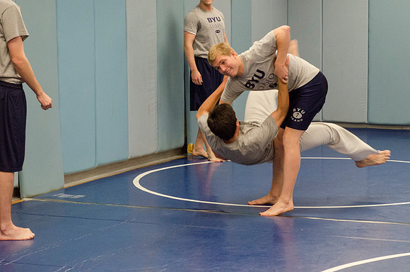 BYU-Idaho students learning Jiu-jitsu in the wrestling room at the Hart