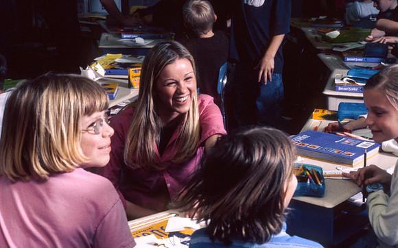 Student teachers practice in the classroom. March 6, 2002.